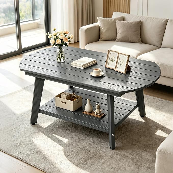 Oval Coffee Table with Open Storage Shelf, Dark Gray Wood Grain Sturdy Coffee