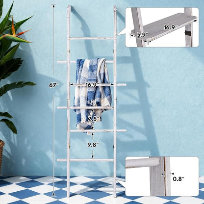 67" Wooden Blanket Ladder with Shelf and Hooks, 6-Tier Blanket Ladder for Living Room, Wall-Leaning Towel Ladder and Quilt Rack Storage, Farmhouse Decor Ladder for Display (Vintage White)