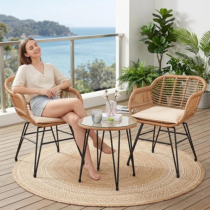 3 Piece Outdoor Wicker Furniture Bistro Set, Rattan Chairs Conversation Sets