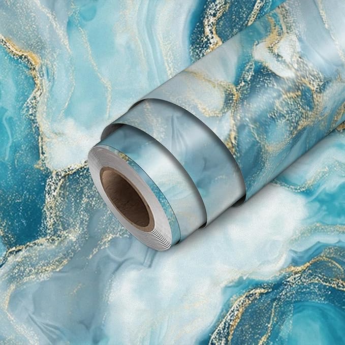 HOMETITUTE Teal Agate Marble Wallpaper Peel and Stick Blue Stone Pattern