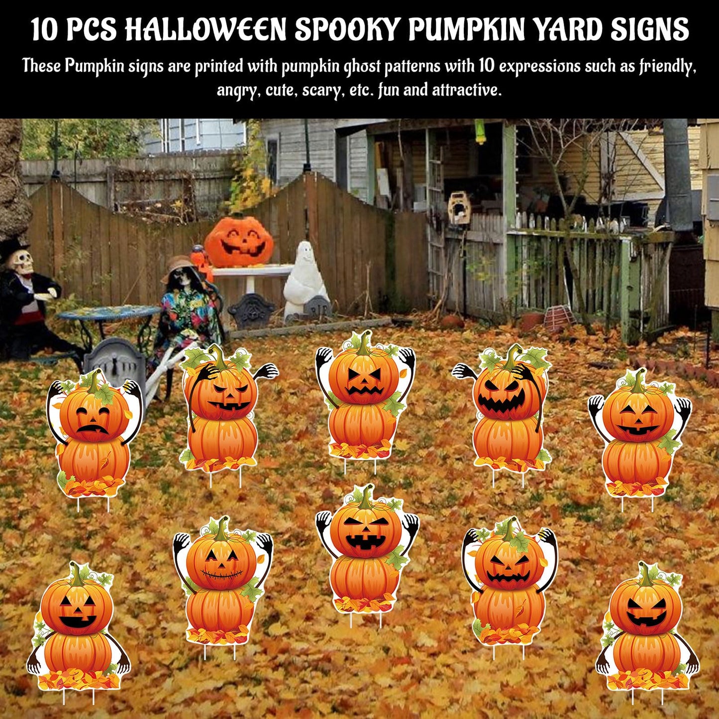 DECEED 10 PCS Halloween Pumpkin Yard Signs with Stakes, Waterproof Pumpkin Ghost Lawn Signs, Trick or Treat Party Garden Outdoor Decorations, 10 Cute Scary Styles