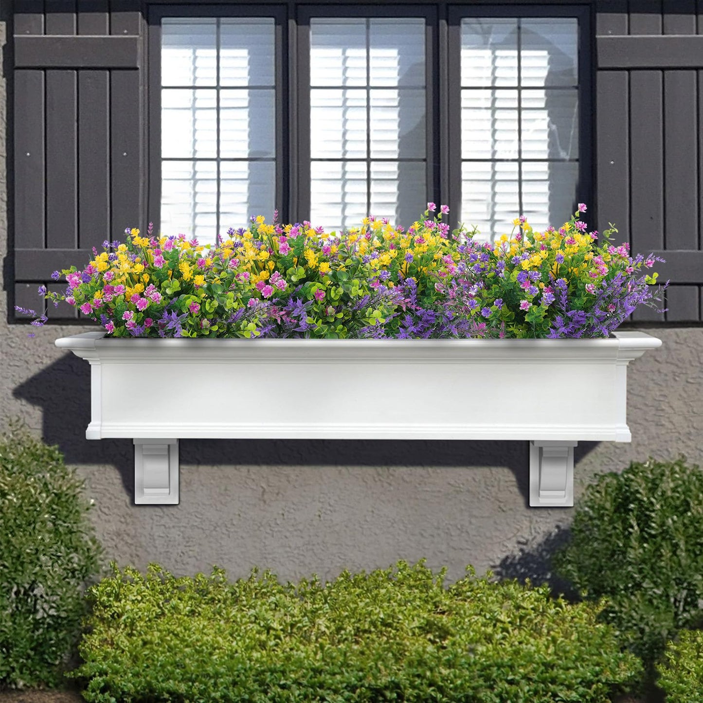 Hananona 12 Pcs Artificial Flowers Outdoor, Faux Artificial Plants UV Resistant Plastic Flower Bulk for Hanging Planter Porch Window Home Wedding Fall Summer Decor (12, Fuchsia, Purple, Yellow, Green)