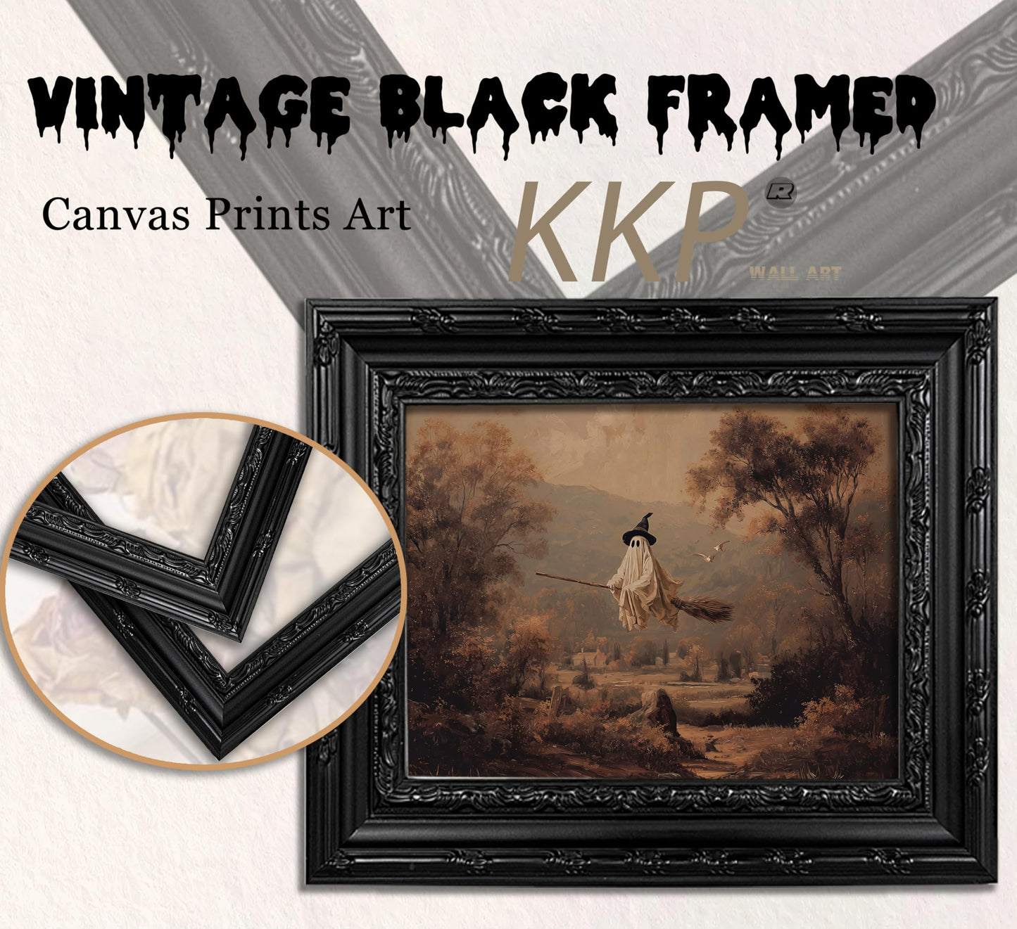 KKP Framed Halloween Ghost Wall Art-Gothic Witchy Whimsy Broom Canvas Print