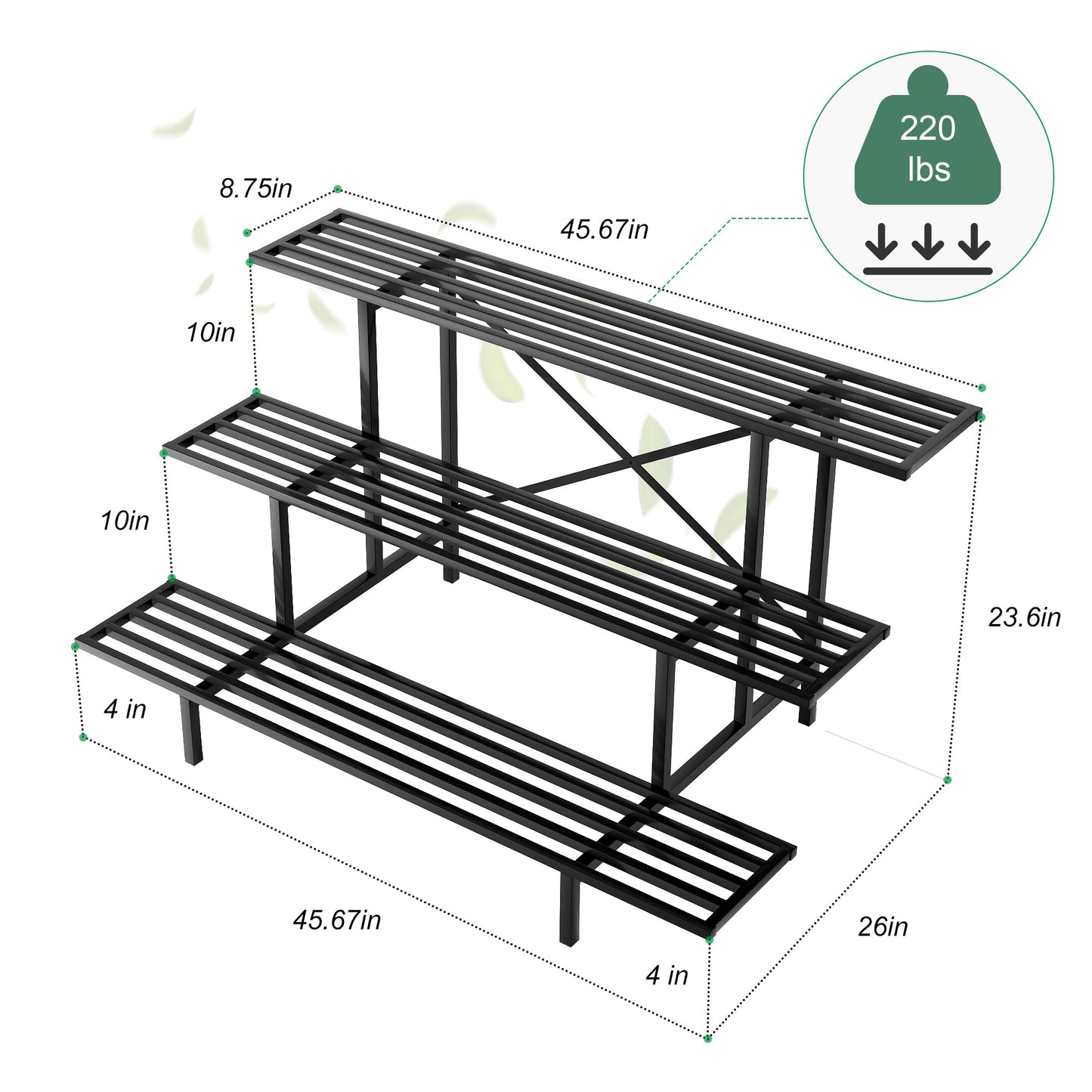 Zhongma 3 Tier Sturdy Metal Plant Stand, L45.67 x W26 x H23.6 inch, Heavy Duty Plant Holder for Home Indoor and Outdoor, 660 LBS Capacity & Heavy Duty Construction