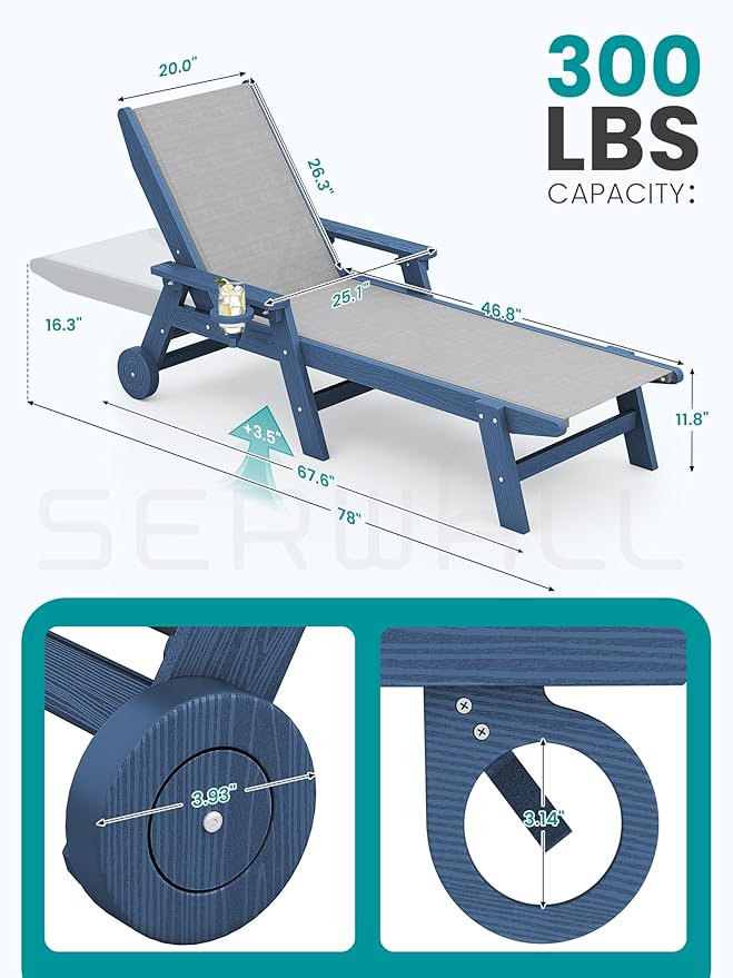 SERWALL Textilene Patio Chaise Lounge Chair, 5 Positions Adjustable Outdoor