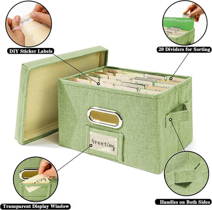 Vienrose Greeting Card Organizer 1 Pack, Storage Box with 20 Adjustable Dividers, Foldable Organizer Box Holds over 150 Cards, Storage Stickers Recipes Photos Envelopes Bills Vinyl Records, GrassGreen