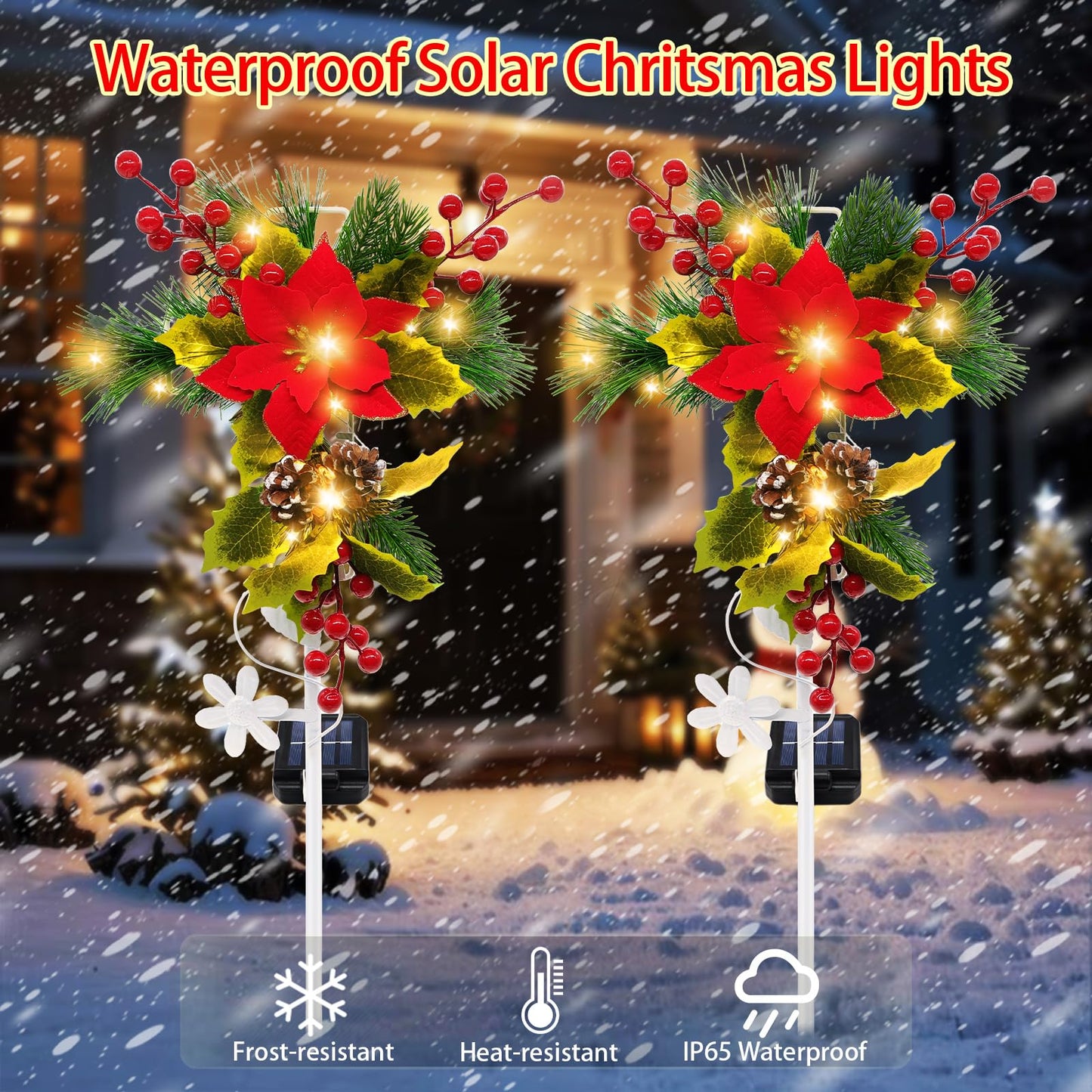 stadeco Solar Christmas Decorations Outdoor, 32 Inch Solar Christmas Cross Stake Lights, Waterproof Grave Decorations with Poinsettia Flower Pinecones Red Berries for Garden Yard Patio Lawn Cemetery