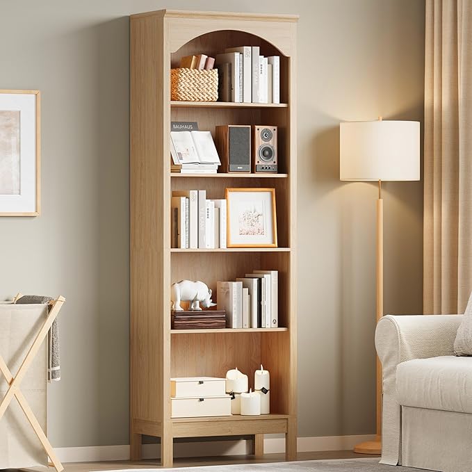 Arched Bookshelf with 5 Tier Open Shelves, Study and Living Room, Natural Oak