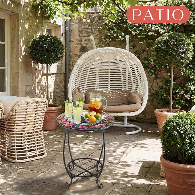 Cinnvoice Outdoor Side Table Round Small Mosaic Patio Accent Indoor End Plant