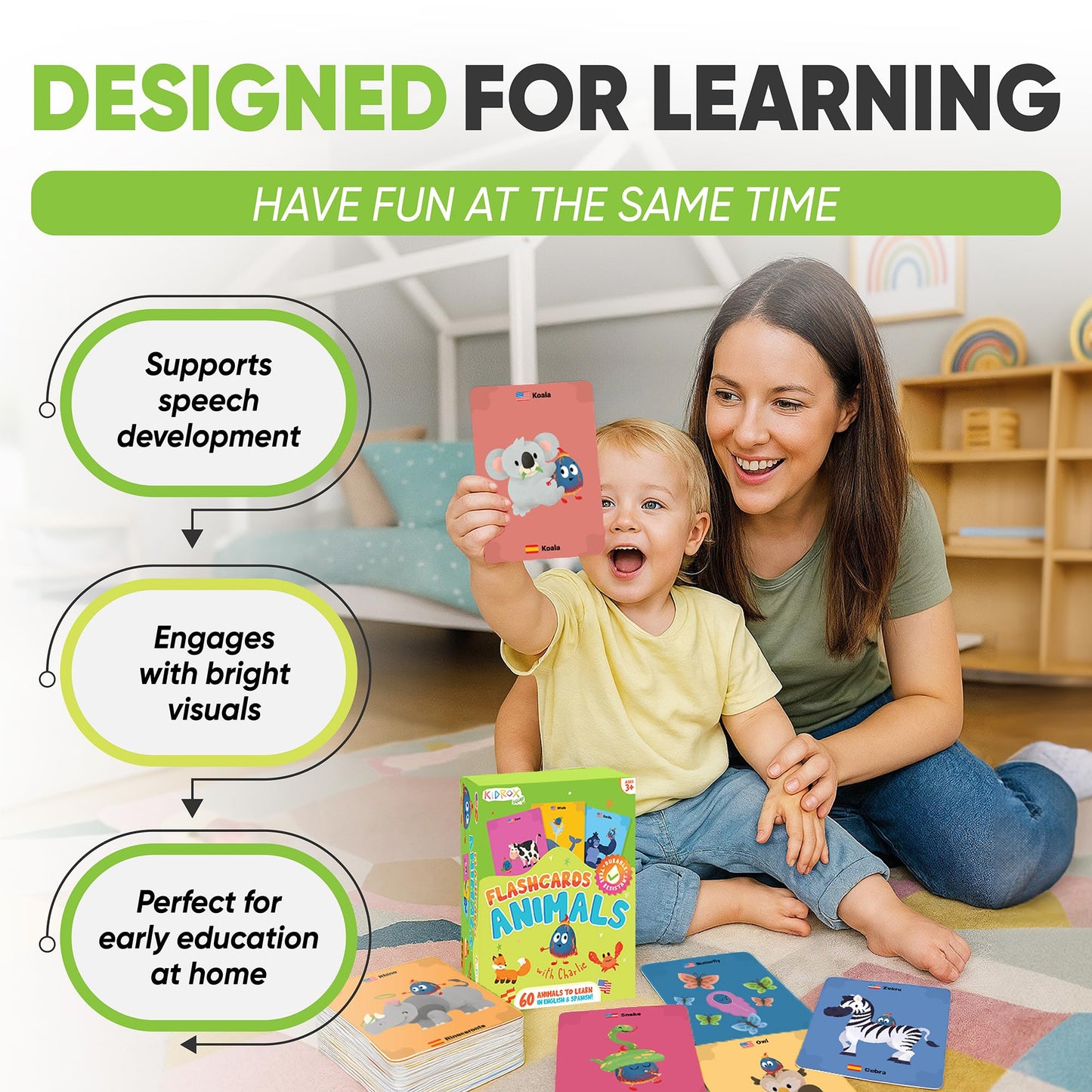 Kidrox Animals Flash Cards, English Learning Cards with Spanish Translations Included, Indestructible Double-Sided, 30 Cards