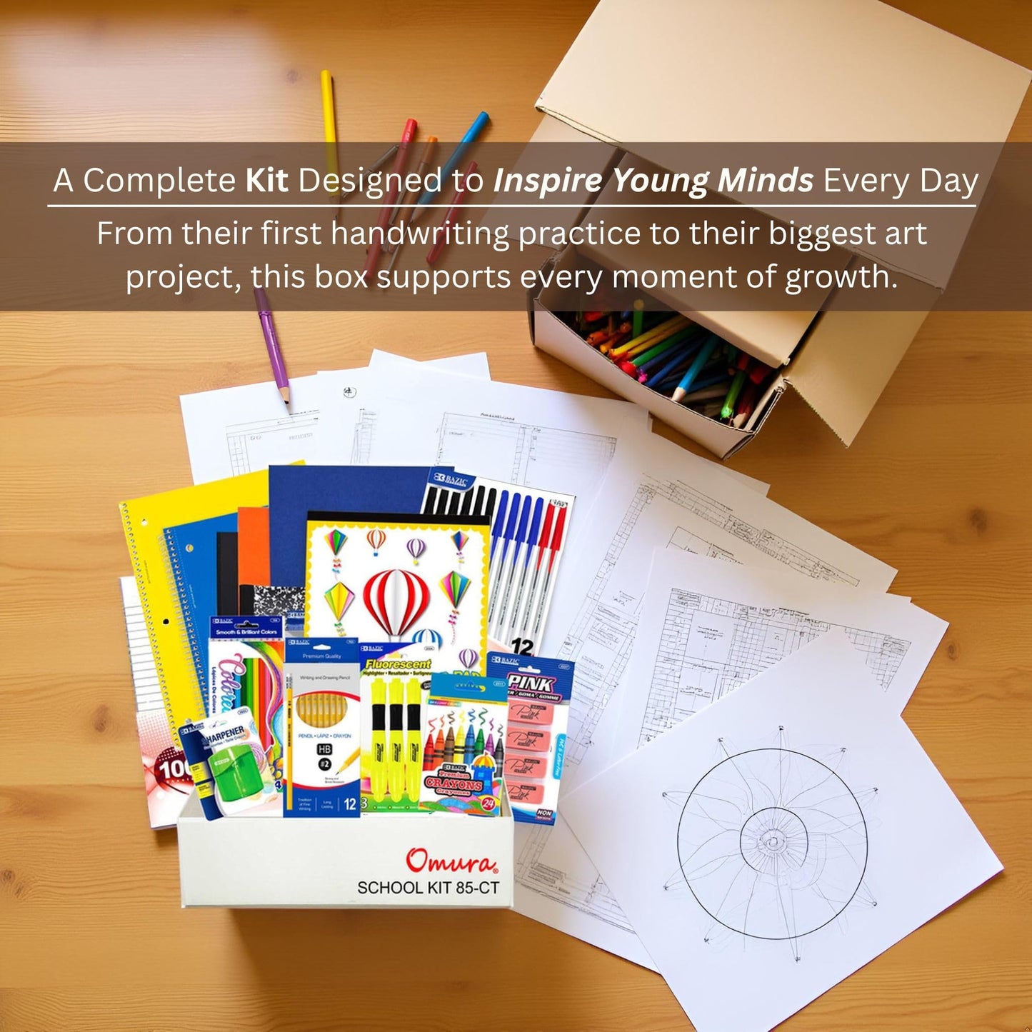 OMURA Learning Elementary School Supplies Kit – 85-Piece Back to School Supplies, School Supply Kit Elementary for Grades 3–5 | Notebooks, Pencils, Crayons, Markers, Glue & Student School Supplies