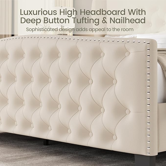 LARMACE King Size Bed Frame Velvet Upholstered Platform Bed