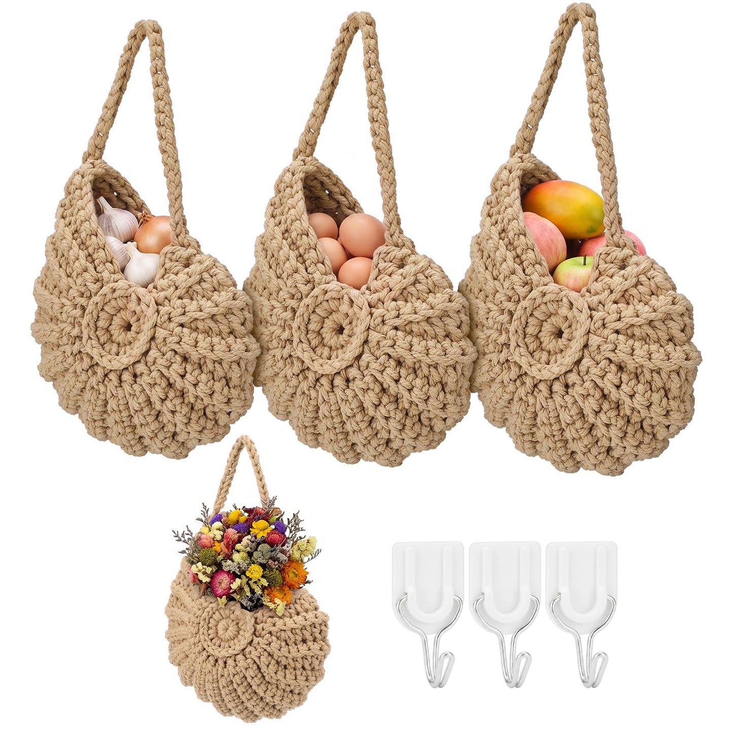 Qinyoung 3 Pack 14" 12" 10.5" Conch Wall Hanging Baskets for Kitchen Fruit Baskets with 3 Hooks Boho Decor Conch HangingWall Kitchen Storage for Fruits Vegetables Onions Potatoes