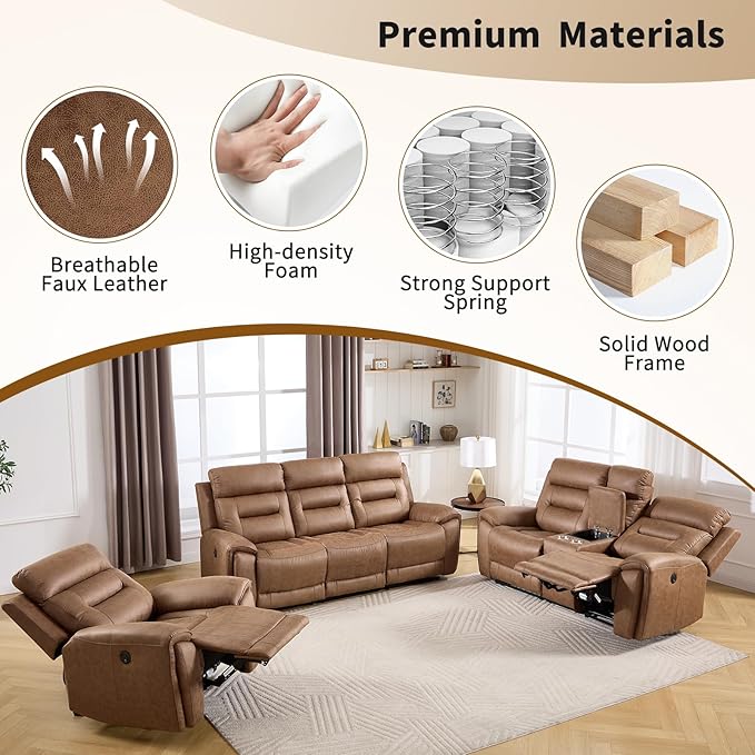 ANJ Power Oversized Reclining Sofa Couch Set of 2, Breathable Faux Leather