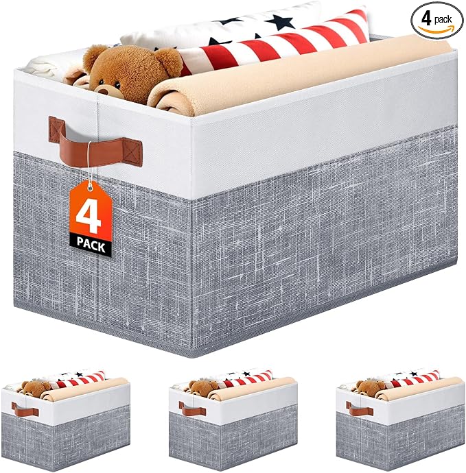 Fab totes Collapsible Storage Baskets for Shelves,14"x10", 4 Pack Foldable Fabric Storage Bins with Double Leather Handles, Large Baskets for Organizing Books, Clothes, White & Grey