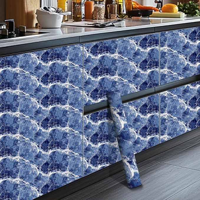 HOMETITUTE Blue Marble Wallpaper Peel and Stick Ocean Wave Pattern 118.1x17.7
