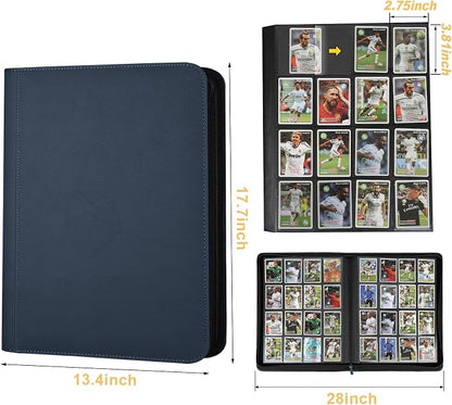 16 Pocket Ringless Side Loading Trading Card Binder, 1024 Cards PU Fixed Page Zipper Card Album for TCG Sports Game Cards, Not Fit Top Loaders (Blue)