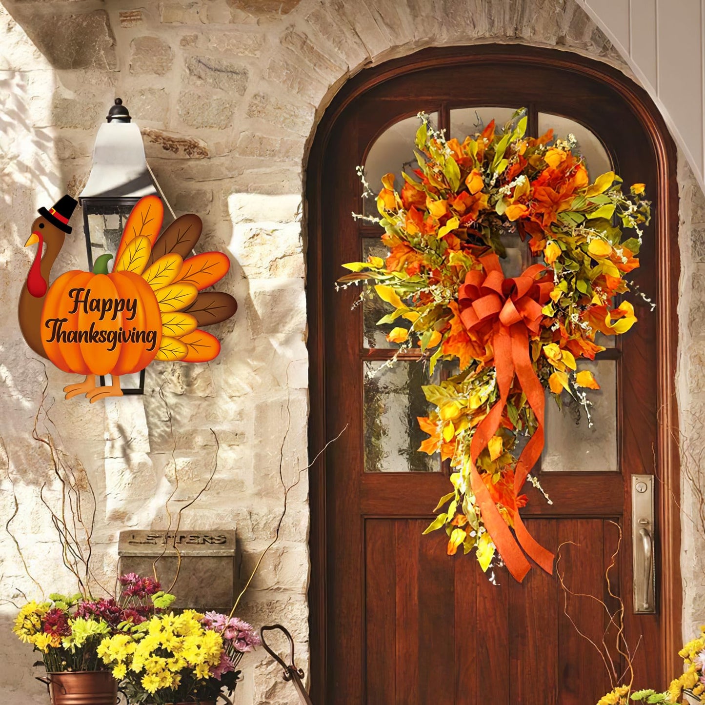 Thanksgiving Decoration Wooden Turkey Pumpkin Door Wreath for Front Door Sign Wall Signs, Thankful Blessed Grateful Pumpkin Sign Hanging for Fall Autumn Harvest Home Halloween Decoration