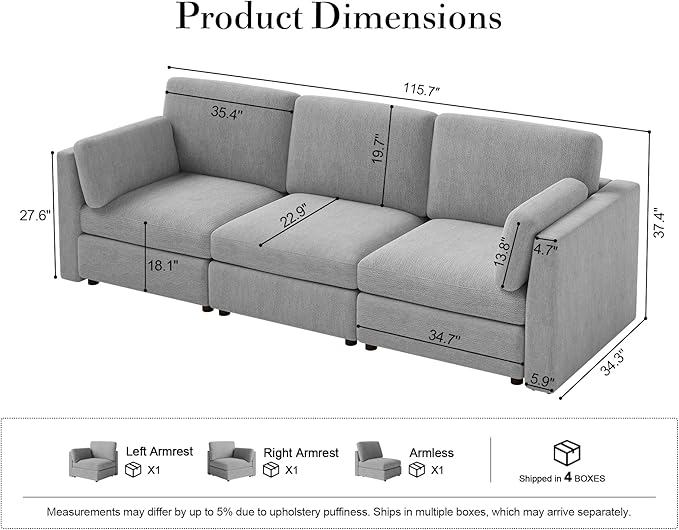 115'' Oversized Modular Sectional Sofa, Solid Wood Frame Sofa, Removable