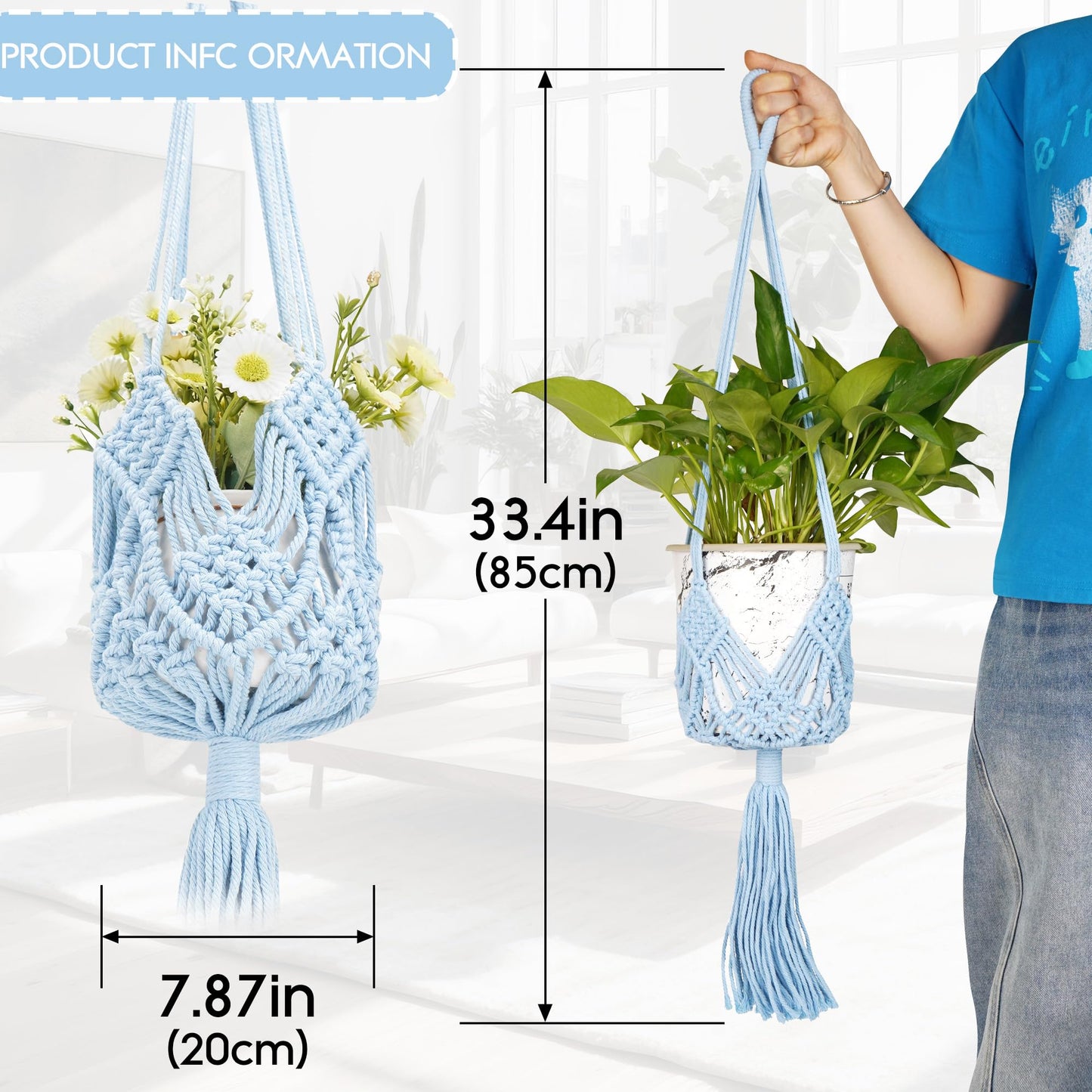 BUNCHBRAVO 2 Pack Macrame Plant Hangers, 33-Inch Cotton Rope Hanging Planters with Diamond Design, Boho Home Decor for Indoor and Outdoor Use, Blue