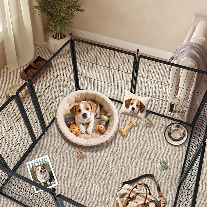 Dog Playpen Add-on 36 inch 4 Panels for Indoor & Outdoor Use – Heavy-Duty Metal Pet Fence with Ground Stakes, Rounded Ball Tops for Safety, Stable & Foldable Design, Easy to Assemble