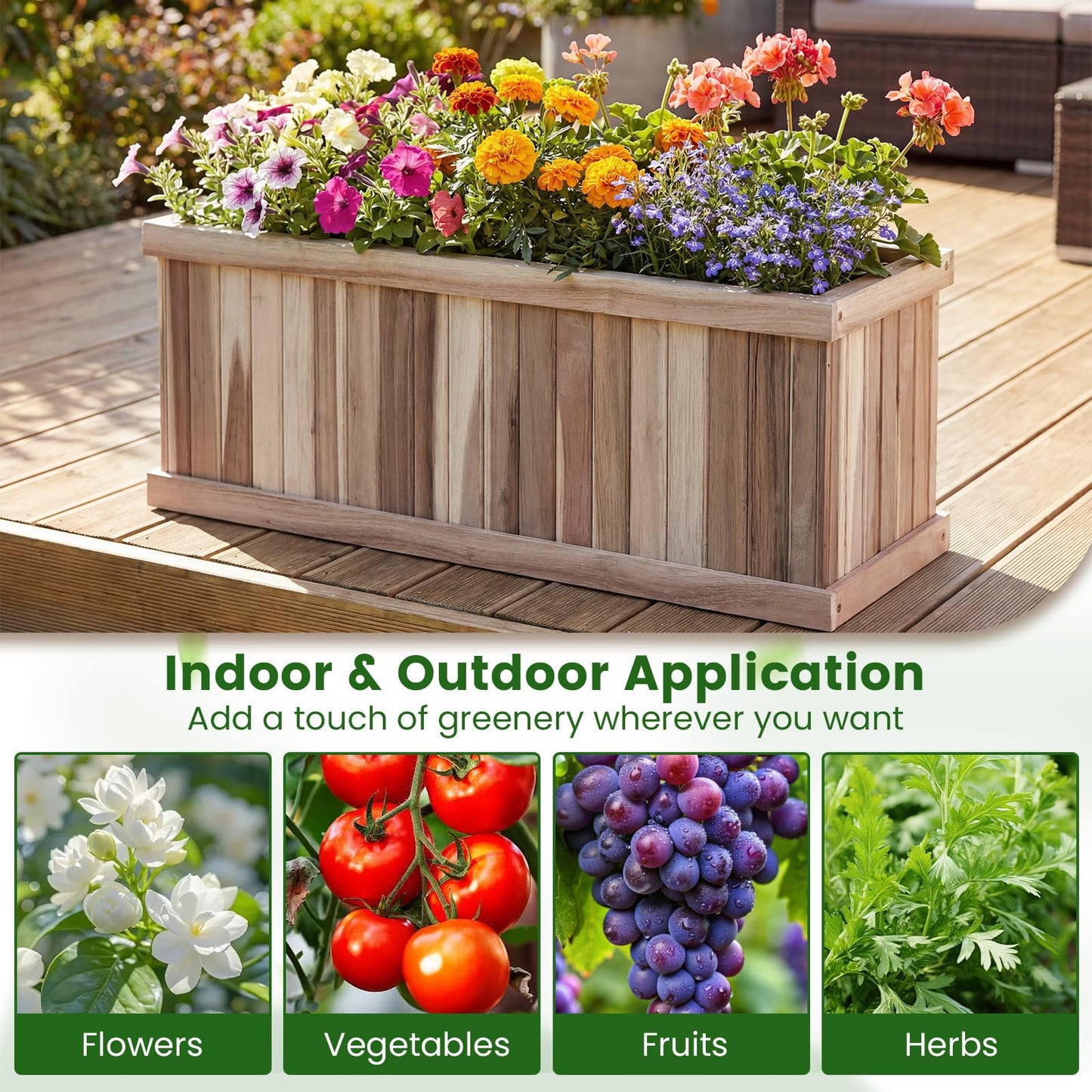 HAPPYGRILL Wooden Raised Garden Bed, Acacia Wood Rectangular Planter Box with Drainage for Vegetable Flower Herb, Indoor Outdoor Elevated Garden Box for Patio Yard, 36" L x 12" W x 12" H (1)
