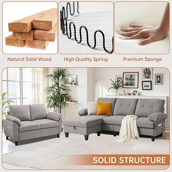 84" Convertible Sectional Sofa Set, 3 Seat L Shaped Couch