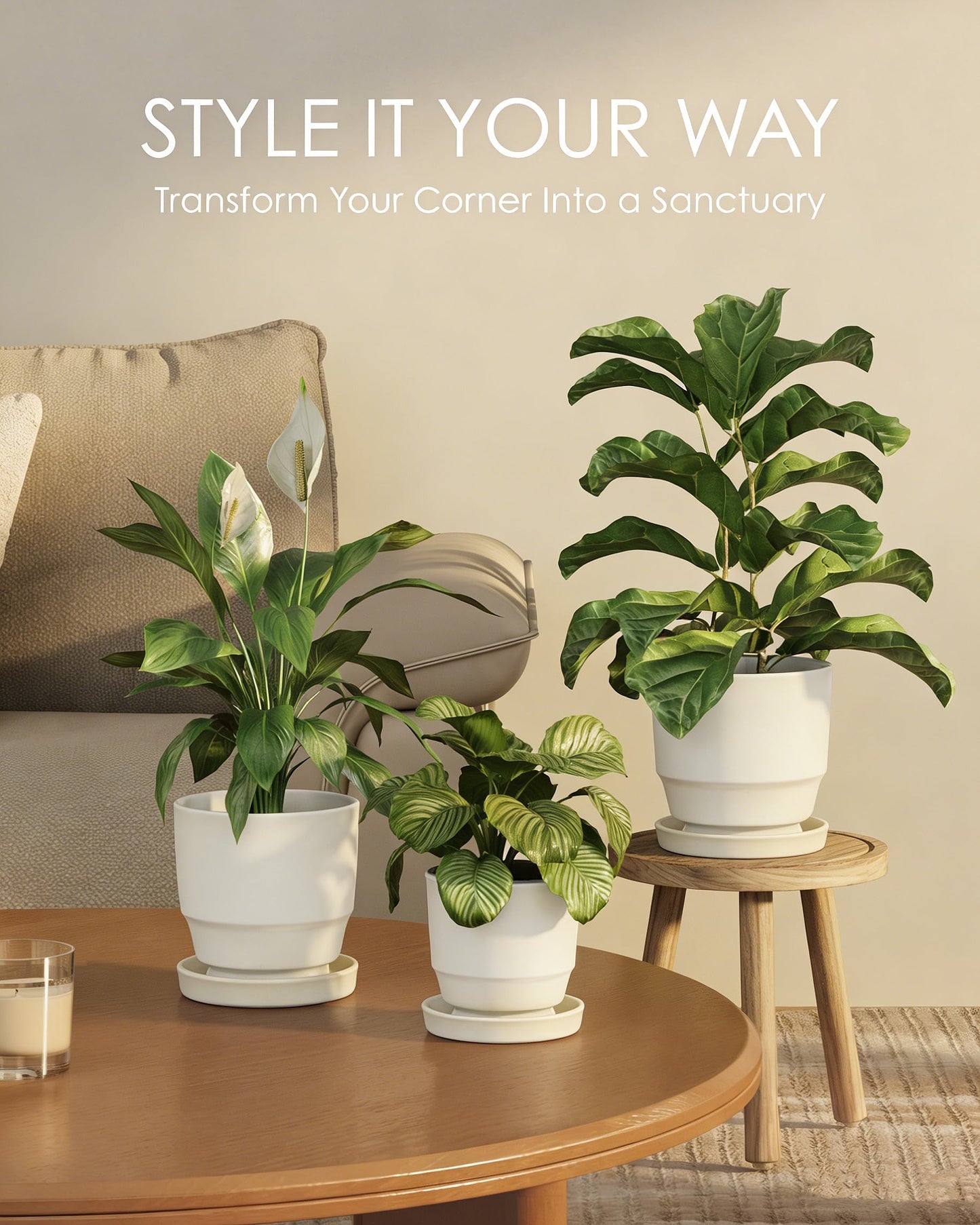 Bamworld Plant Pots Planters for Indoor Plants Flower Pots with Drainage Holes 3.5/4.9/6.3 Inch Set of 3 Plastic Planters for Outdoor Plants Garden Office Room Home Decor Textured White