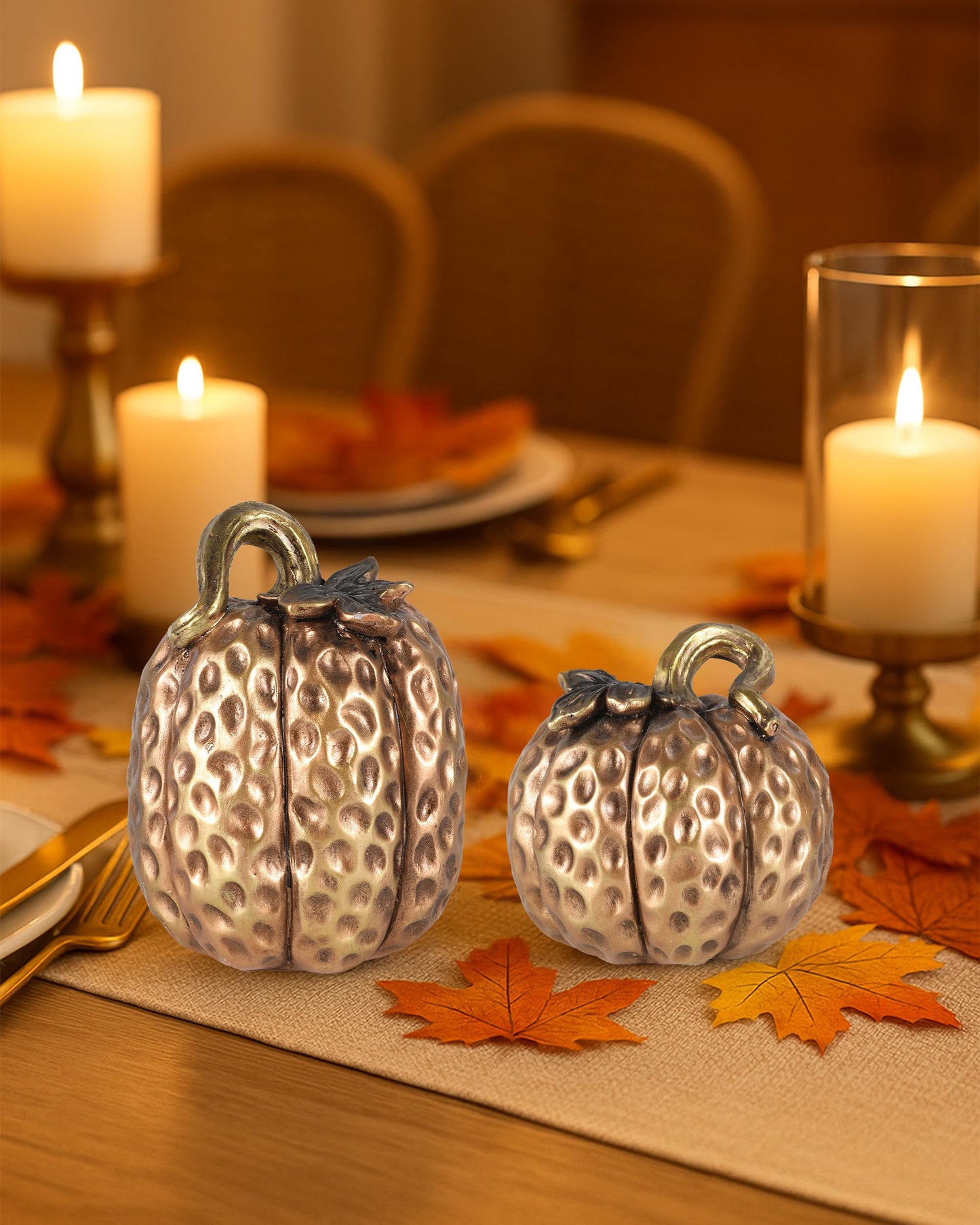 GoGnome Gold Resin Pumpkin Figurines Set of 2 – Textured Fall Harvest Decorations for Table Centerpiece Thanksgiving Décor, Autumn Home Accents (Gold)