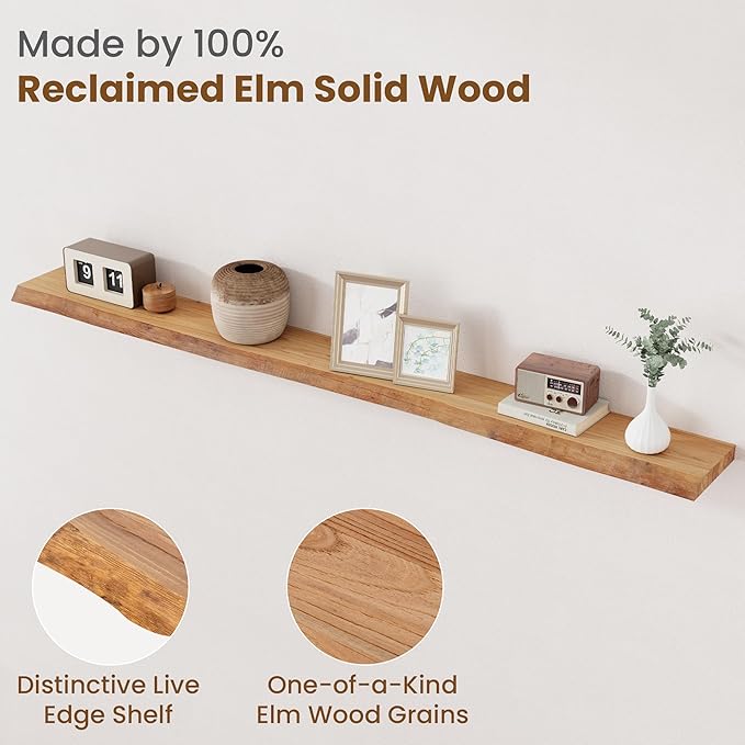 Floating Shelves for Wall Decor, Rustic Solid Elm Wood Live Edge Floating