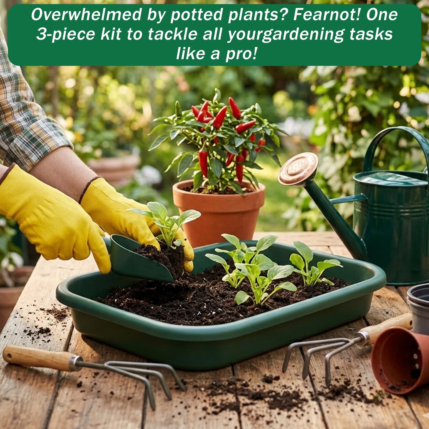 3 Set Garden Potting Tray with Scoops, Large Tidy Tray for Repotting, Seeding & Soil Mixing, All-in-One Durable Gardening Tidy Tray for Indoor Plants, Succulents, Cactus – 23x13.6x4.5 Inch, Green