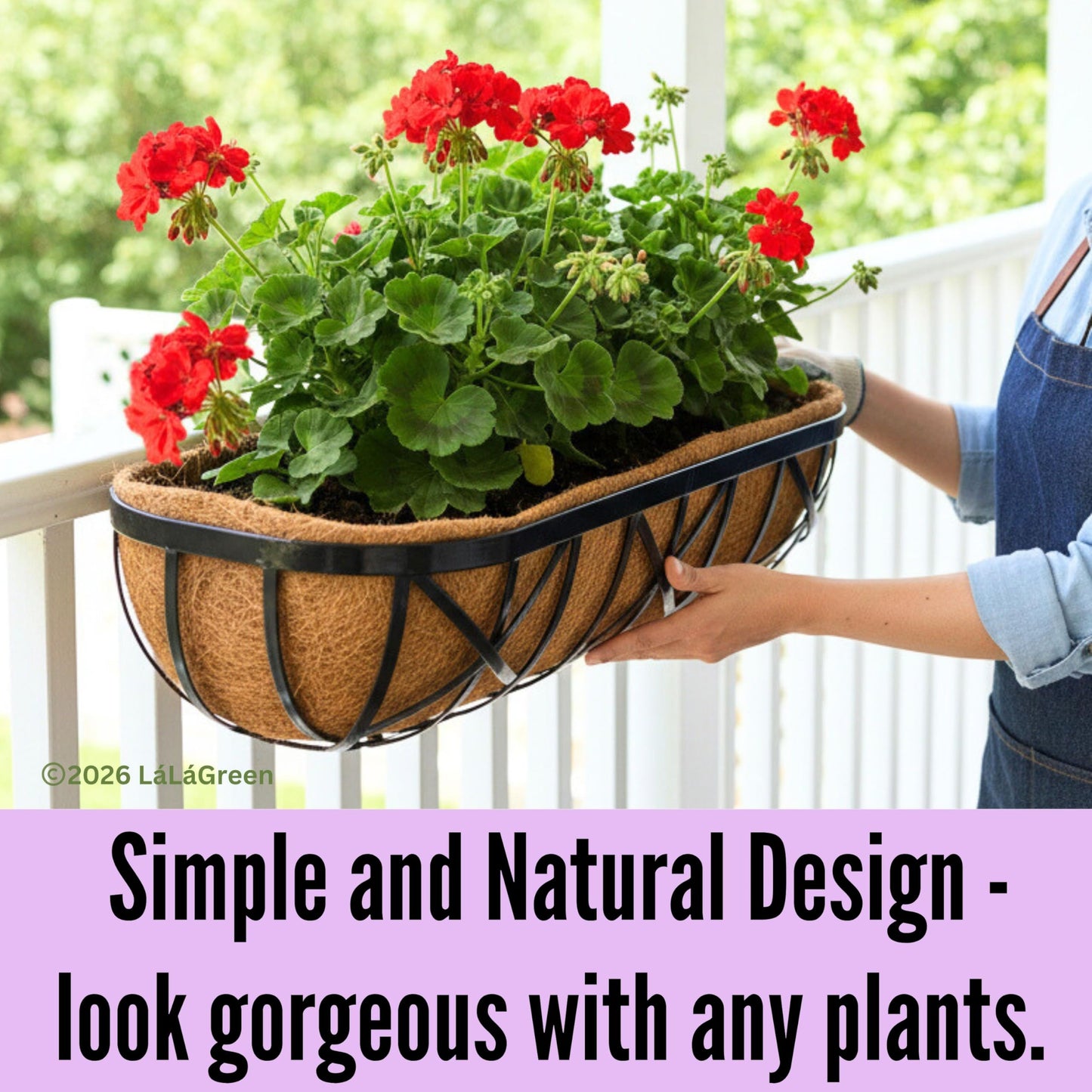 LaLaGreen 24 Inch, 2 Pack Railing Planters with Adjustable Mounting Brackets – Black Metal Window Planter Boxes for Outdoor Gardening, Wall-Mount Flower Pots, Balcony Fence Patio, Porch, Garden