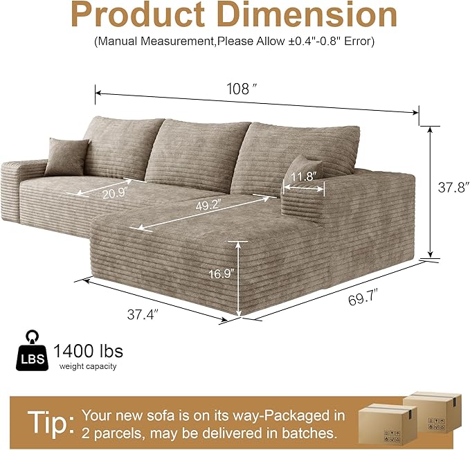 108" Sectional Couches for Living Room Cloud Couch Sofa