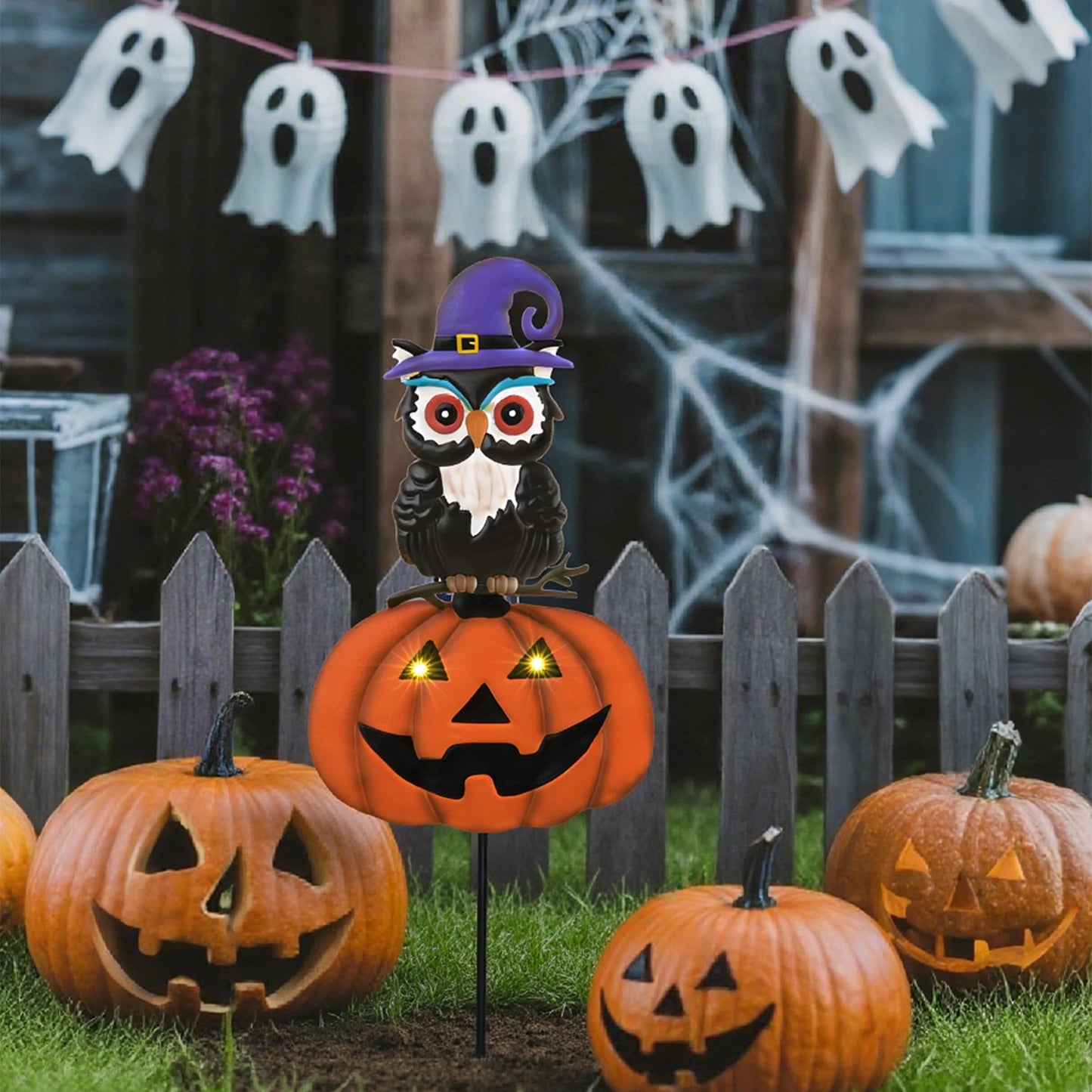 TERESA'S COLLECTIONS Halloween Decorations for Outdoor, Cute Spooky Decorative Garden Stakes with Solar Light, Jack O Lantern Metal Yard Sign for Home Patio Halloween Party