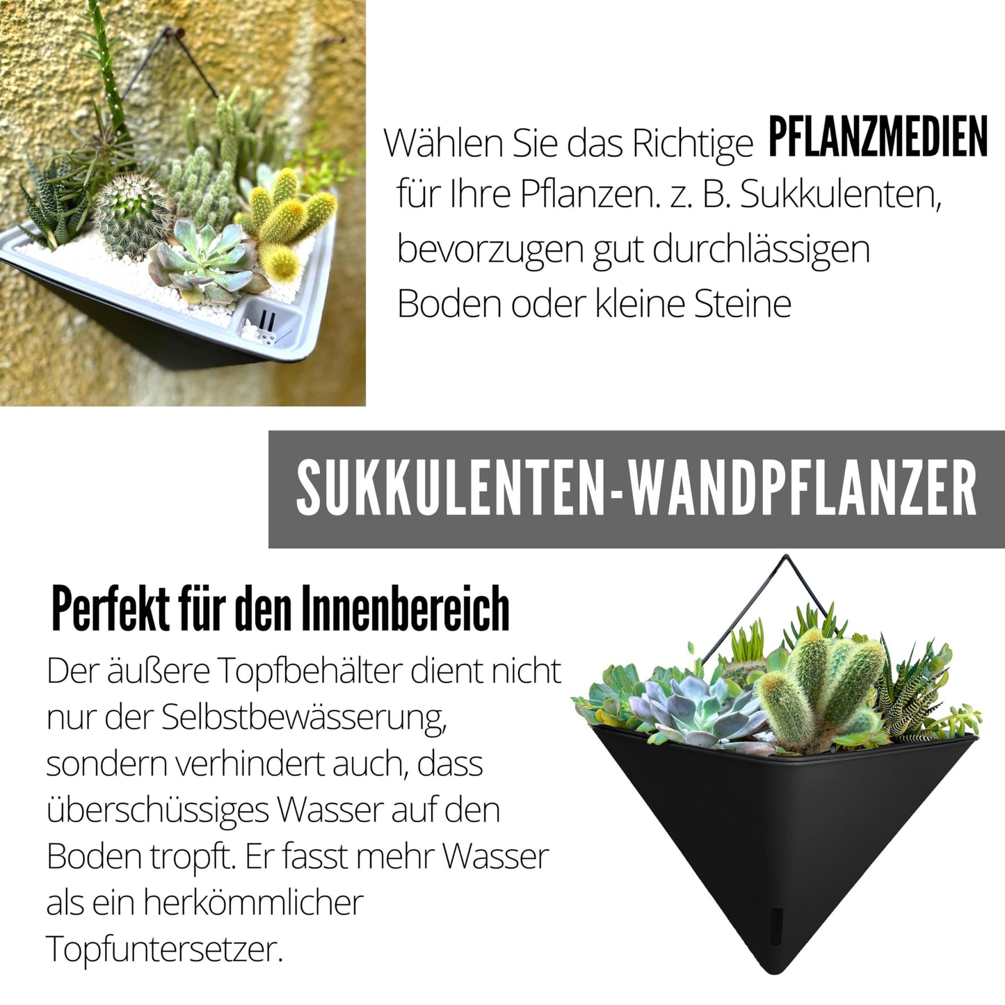 LaLaGreen Wall Planters for Indoor Plants - 4 Pack, 12 Inch Large Self Watering Black Geometric Hanging Flower Vase Vessel with Metal Hanger, Modern Stylish Wall Mounted Succulent Pot Holder Decor