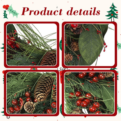 YNYLCHMX 20 Inch Winter Wreath for Front Door, Winter Wreaths with Magnolia Leaves Red Berries Pine Cones, Artificial Door Wreaths for Outdoor Indoor Farmhouse Windows Wall Holiday