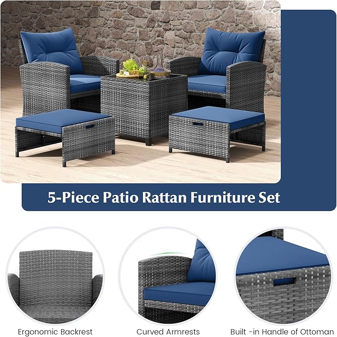 Tangkula 5 Pieces Patio Conversation Set, PE Wicker Rattan Outdoor Furniture Set