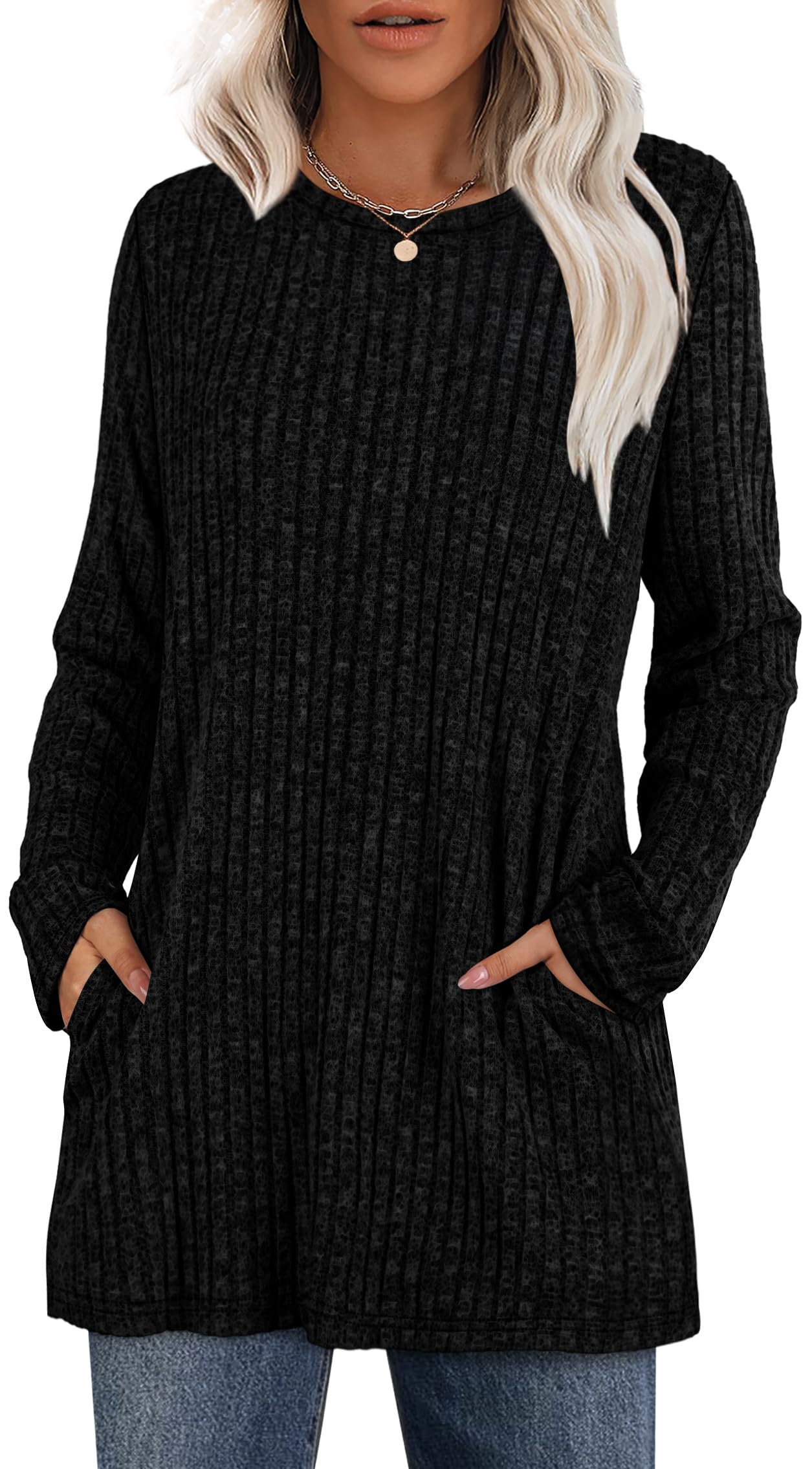 XIEERDUO Long Sleeve Shirts for Women Crewneck Tunic Tops Loose Fit Dressy Womens Sweaters with Pockets Fall Fashion 2025