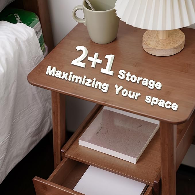 Fluted Nightstand with Drawer – Tall Solid Bamboo Bedside Table with Open Shelf