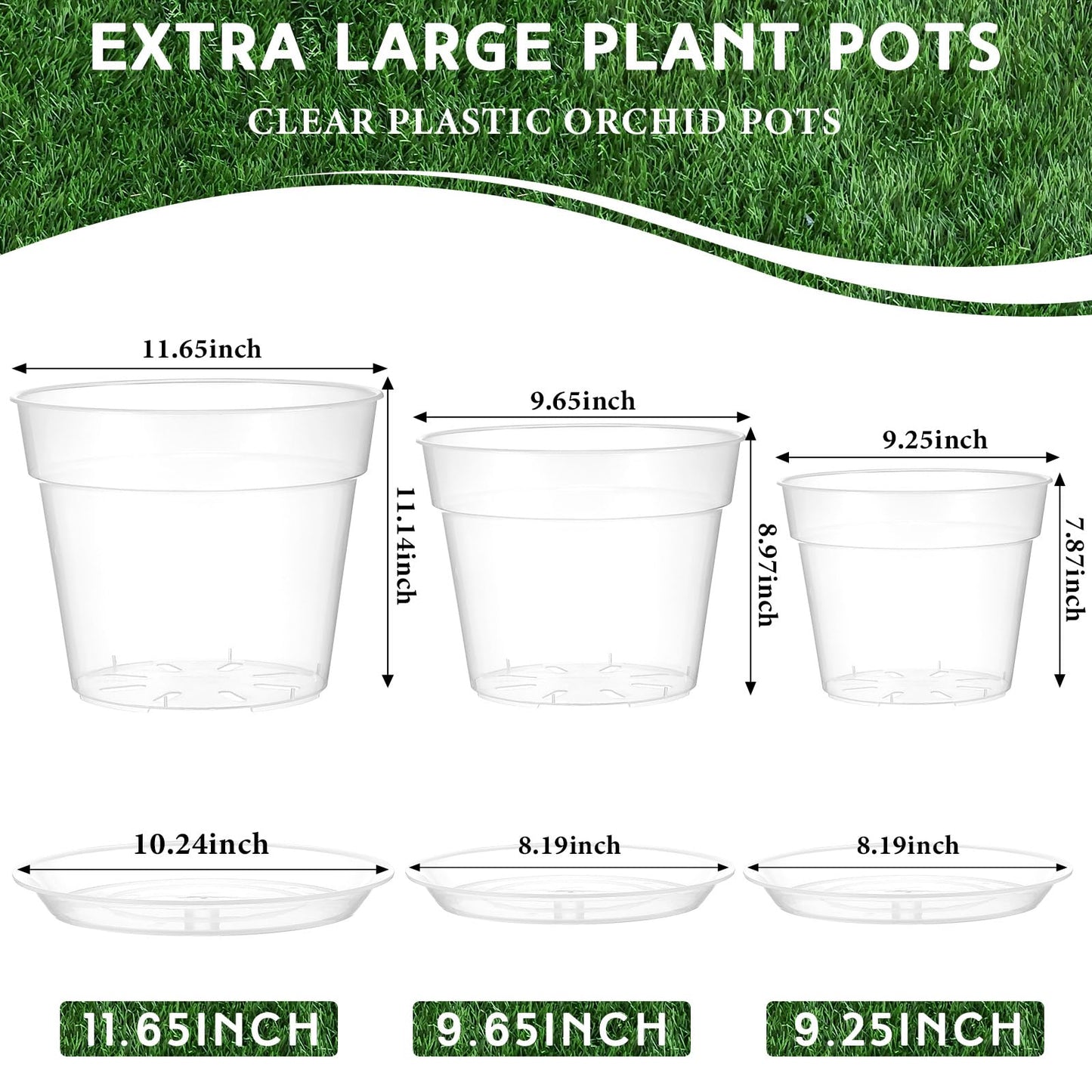 Baderke 3 Pack Clear Nursery Pot Plastic Nursery Pot Large Plant with Drainage Holes for Root Health Indoor Outdoor (9.25 Inches,9.65 Inches,11.65 Inch)