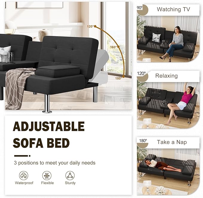 Shahoo Modern Linen Upholstered Convertible Folding Futon Sofa Bed