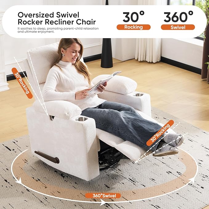 Swivel Rocker Recliner with Adjustable Armrests, Rocking Nursery Chair with