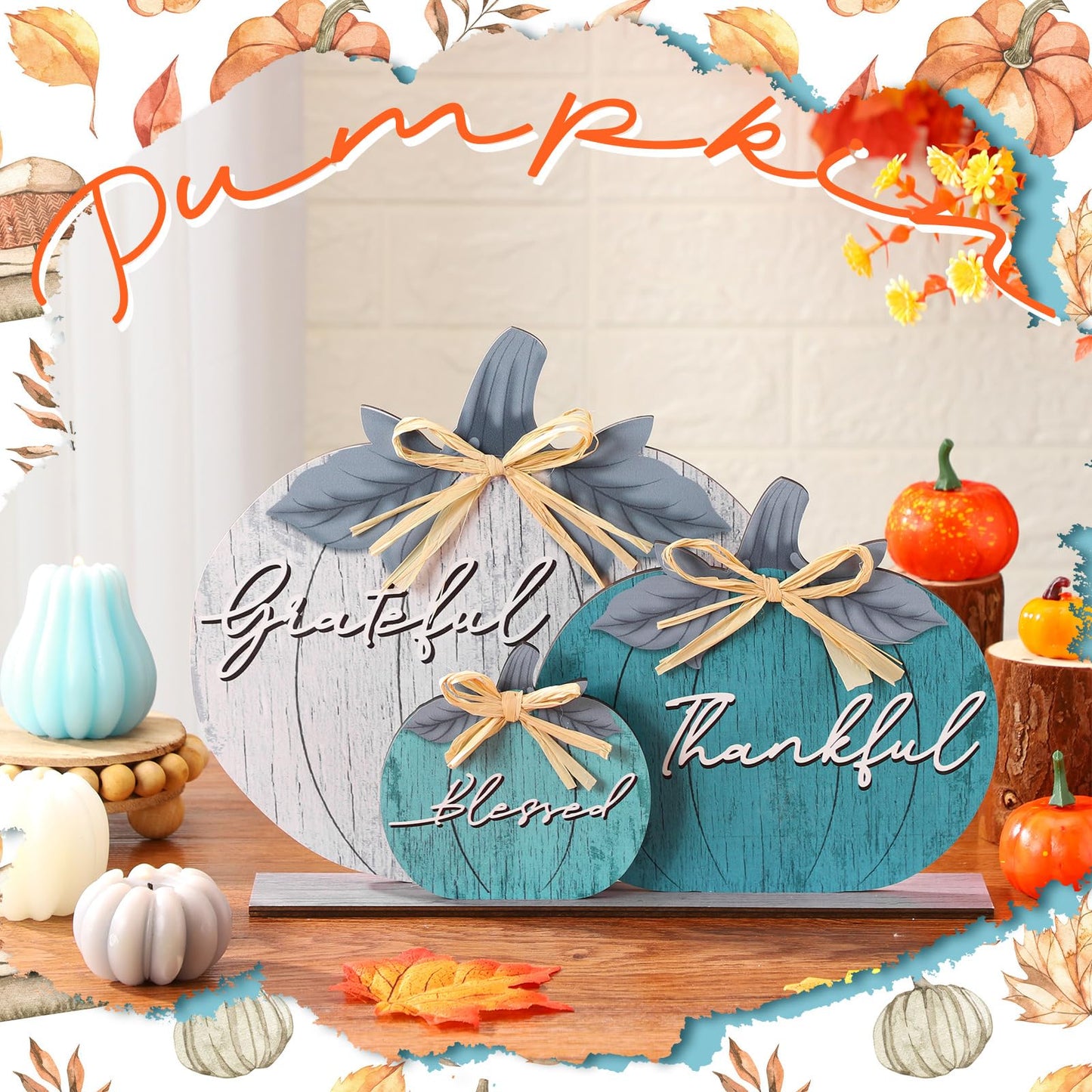 Soaoo Fall Pumpkin Table Decorations Fall Wooden Thankful Blessed Centerpiece Autumn Grateful Tabletop Decor Farmhouse Thanksgiving Harvest Pumpkin Block Signs for Party Rustic Table Shelf Decor Home