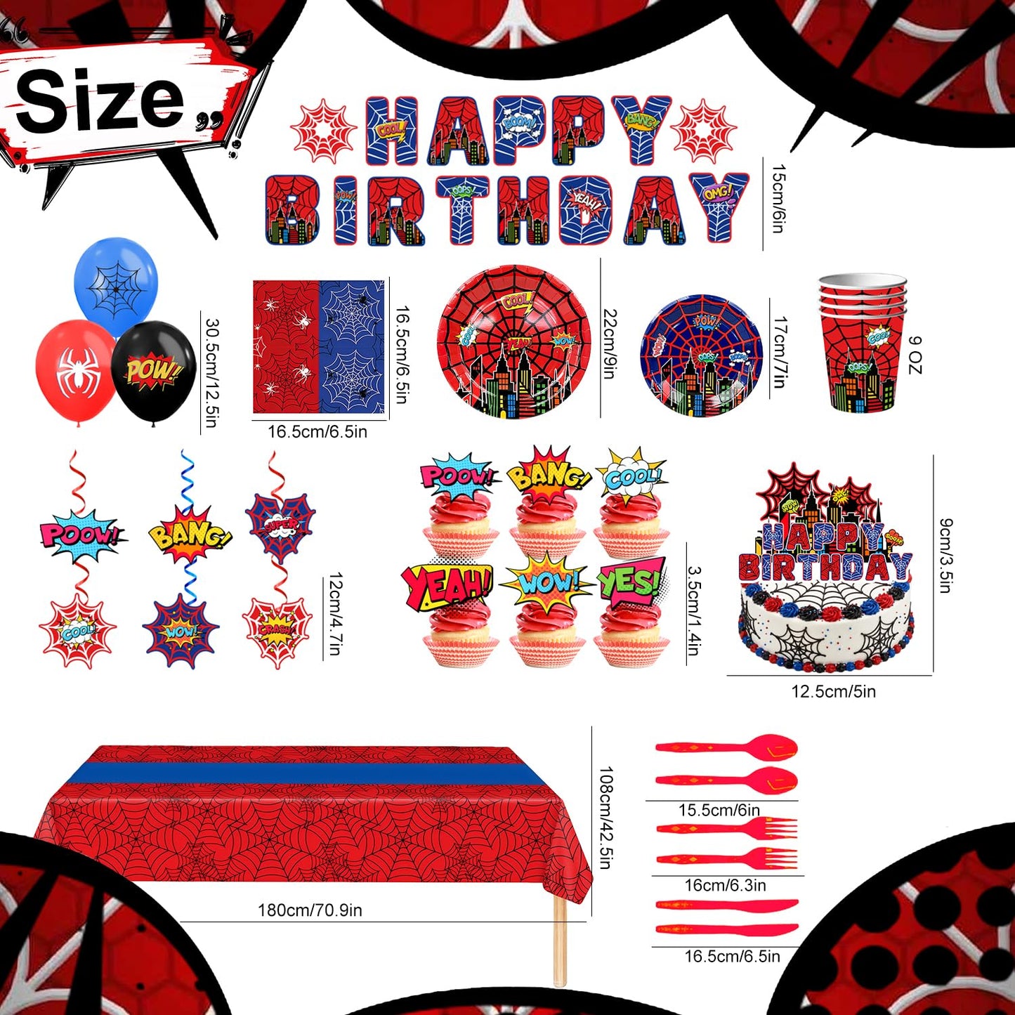 103pcs Spider Web Birthday Party Decorations Supplies, 10 Guests Spider Web Party Tableware Including Spider Balloons Cake Topper Banner Plates Spiral Pendant Cupcake Toppers etc Spider Party Supplies