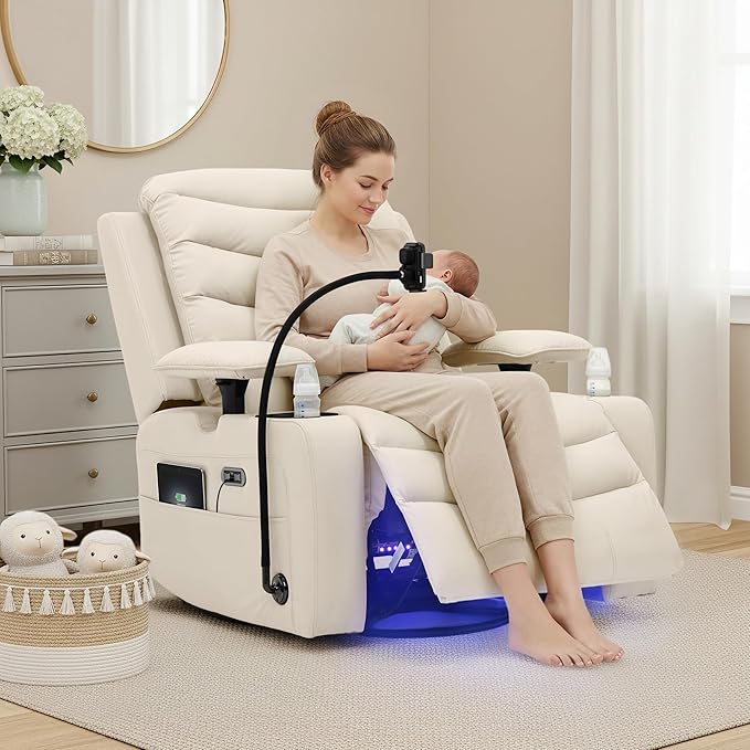 Olela Power Glider Recliner Nursery Chair, Oversized Leather Swivel Rocking