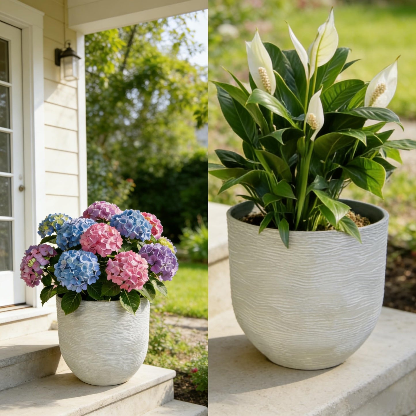 10 inch Plant Pots Stone Finish Lightweight Flower Planter with Drainage Hole for Outdoor Garden Patio Indoor Greenery, Set of 2 (Light Grey)