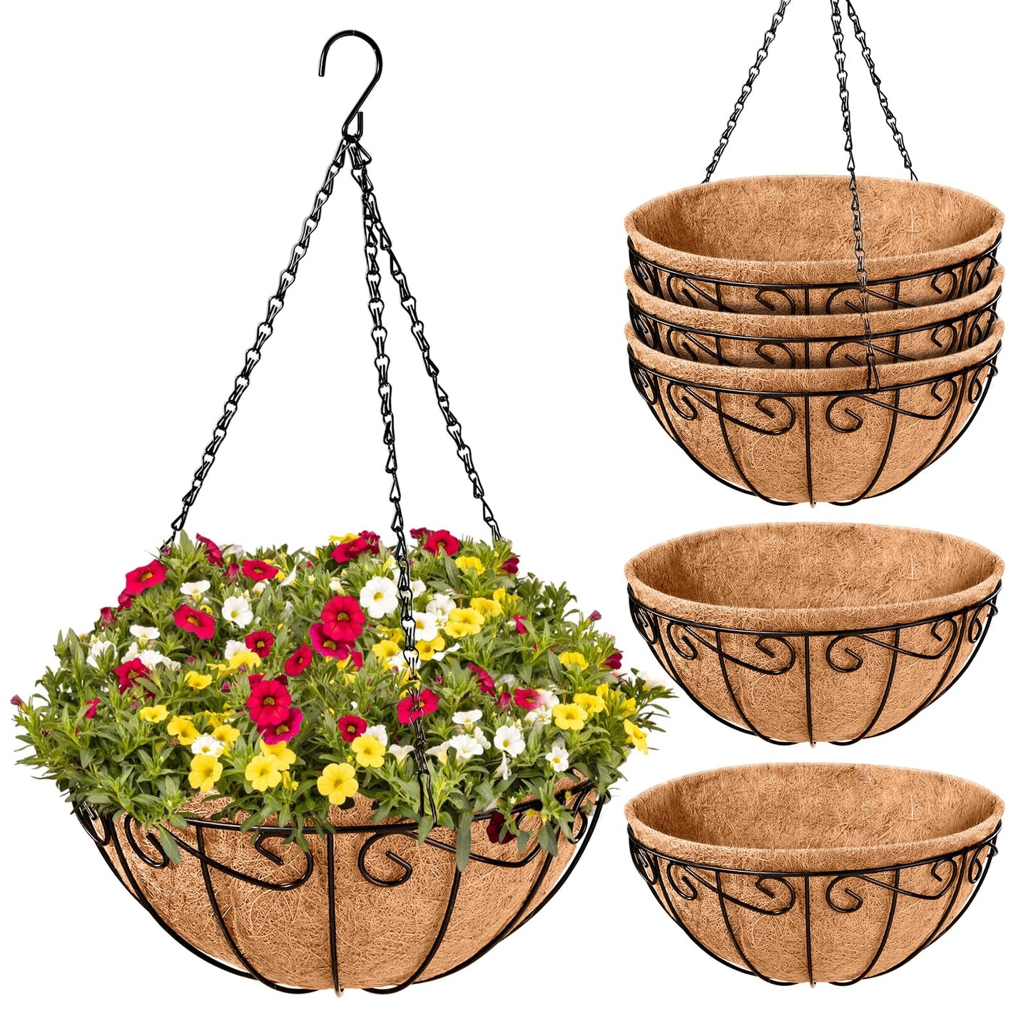 Legigo 6 Pack 12 Inch Metal Hanging Baskets for Plants Outdoor- Round Wire Hanging Planters Basket with Coconut Coir Liner, Hanging Flower Pot for Outdoor Plants Flowers Garden Decorations