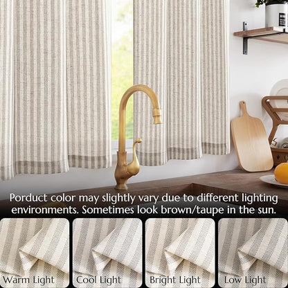 jinchan Tie Top Kitchen Curtains 36 Inch Length Striped Tier Curtains Ticking Stripe Small Drapes for Living Room Bathroom Cafe Small Window Farmhouse Rustic Rod Pocket 2 Panels Taupe Grey