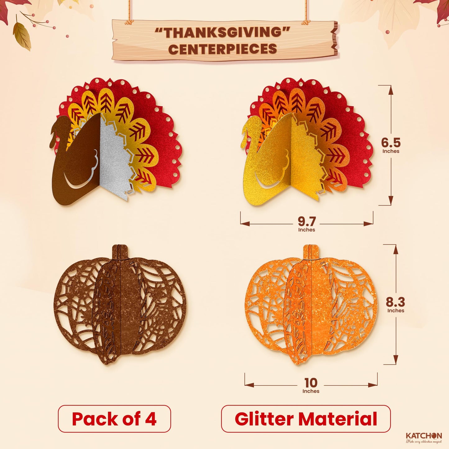 KatchOn, Thanksgiving Centerpieces for Tables – Pack of 4 | Pumpkin & Turkey Centerpieces for Tables | Thanksgiving Decorations for Table | Friendsgiving Party Decorations, Harvest Decorations