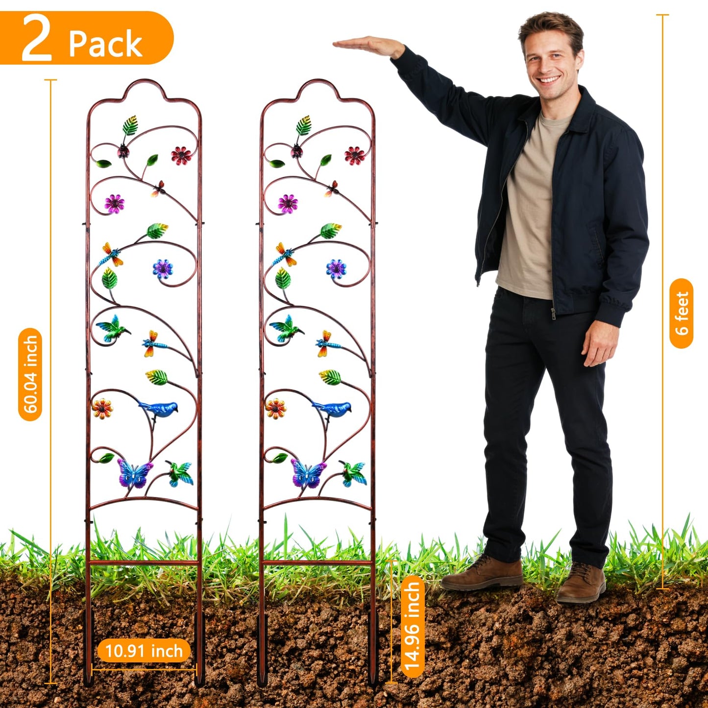 2 Pack Garden Trellis for Climbing Plants, Metal Decorative Vegetables Flowers Vines Fence Trellis for Outdoor Patio 60'' H x 11'' W
